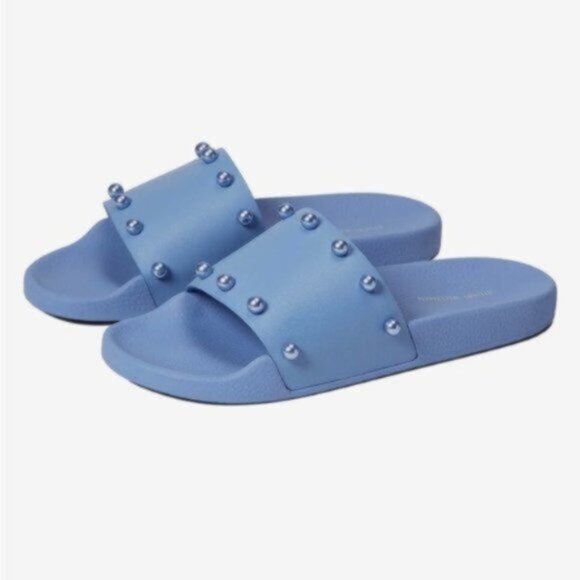 Stuart Weitzman Shoes - STUART WEITZMAN Studded Leather Slides Sandals Mules Blue Sz.8